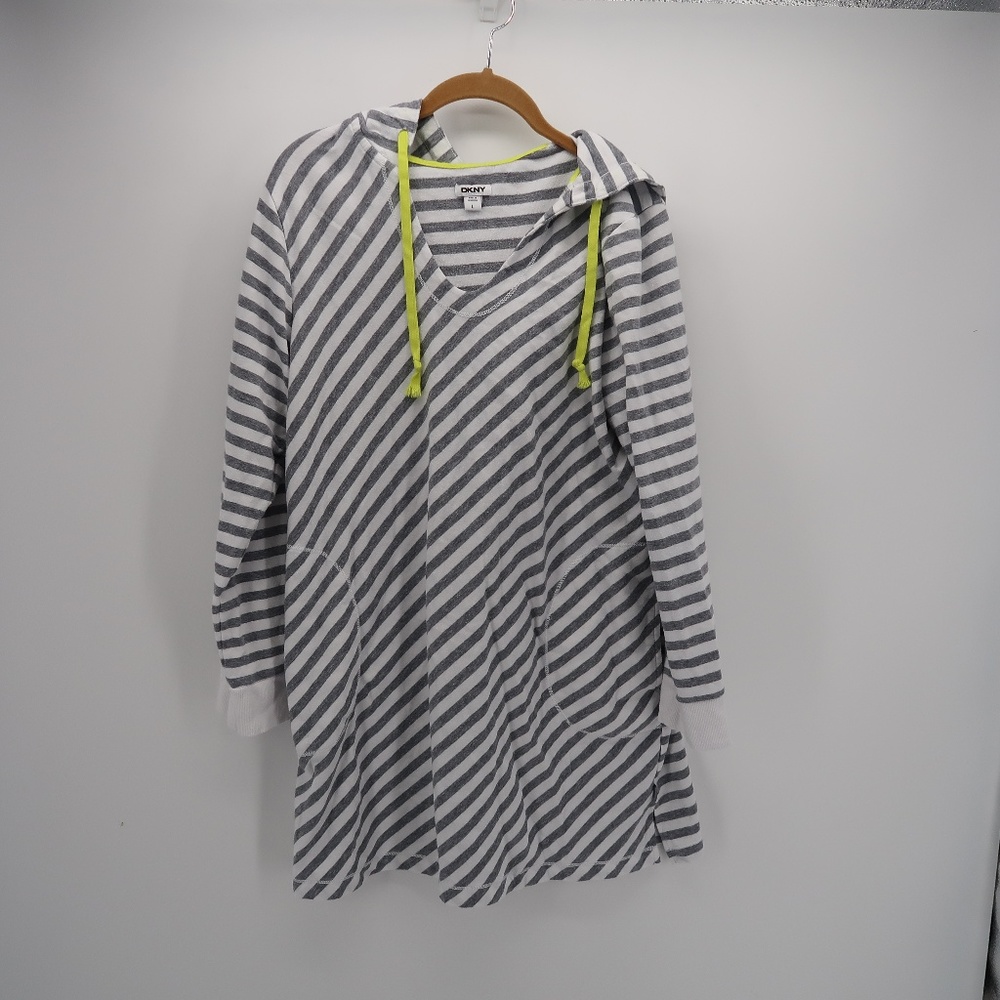 DKNY V-Neck Drawstring Striped Hooded Sweatshirt
